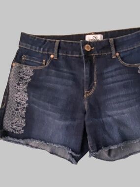 Jordache Womens Floral Embroidery Detail Blue Denim Western Casual Shorts-Sz- 8
